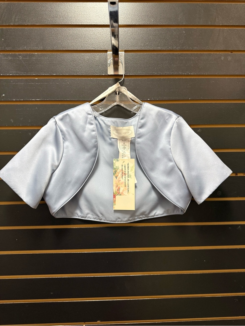 NWT Alfred Angelo Cornflower Blue Satin Bolero Shrug Jacket Size 14 formal